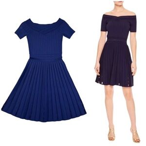Sandro Lottie Off-the-Shoulder Rib Knit Textured Dress Size Small Navy Blue
